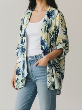 Chico’s Linen Tropical Print Open Front Cardigan Blazer Topper Size 2 Blue Green